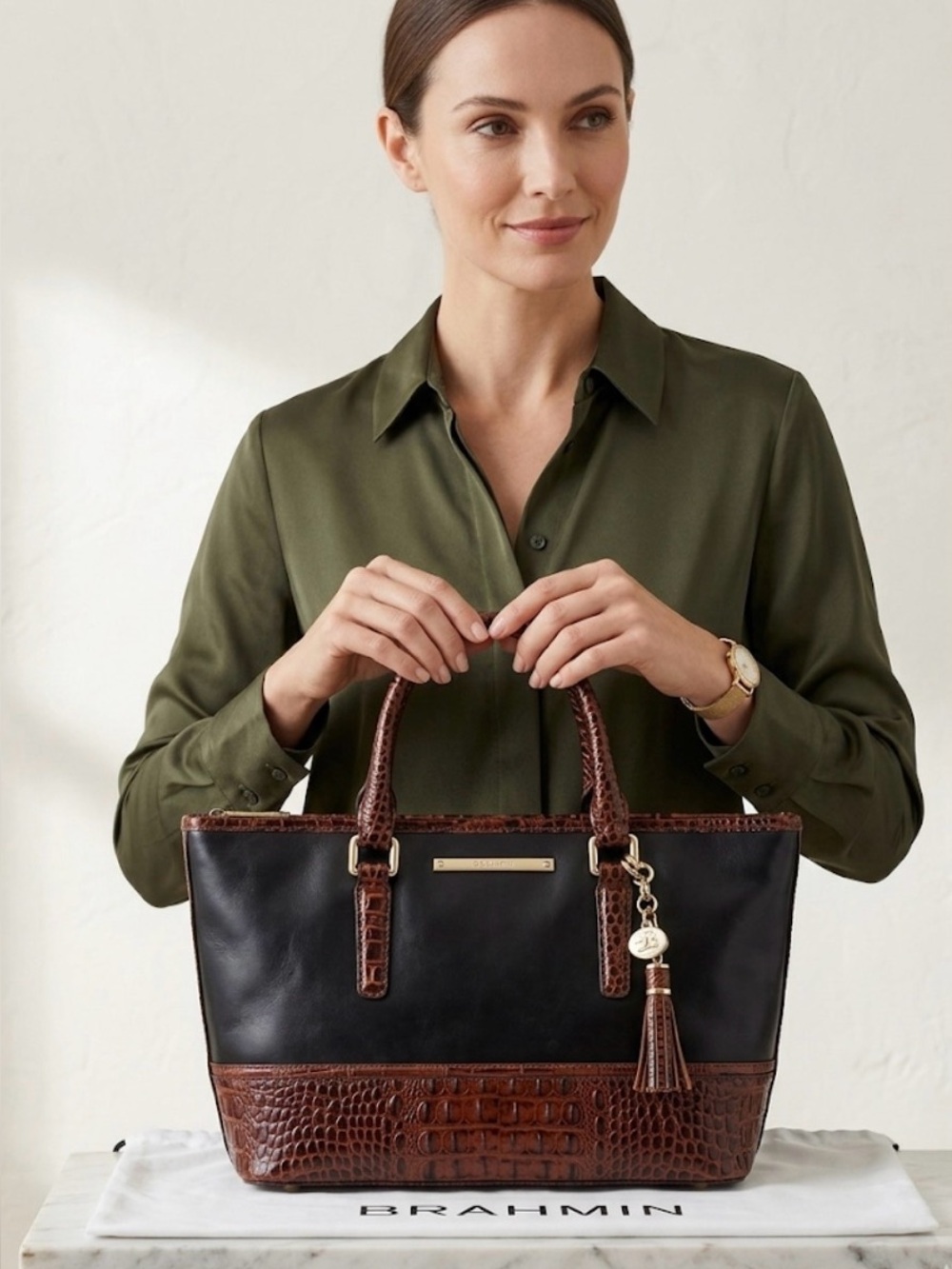 Brahmin Leather Vintage style Tuscan collection,Satchel /Crossbody Black & Pecan